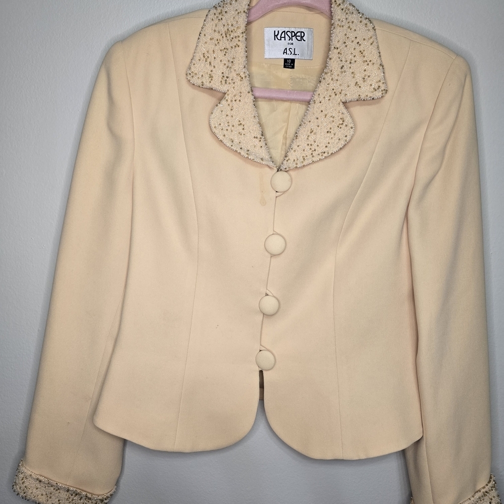 Kasper ASL Cream Blazer Jacket Size 10 Textured Boucle Tweed Collar Beaded Accen